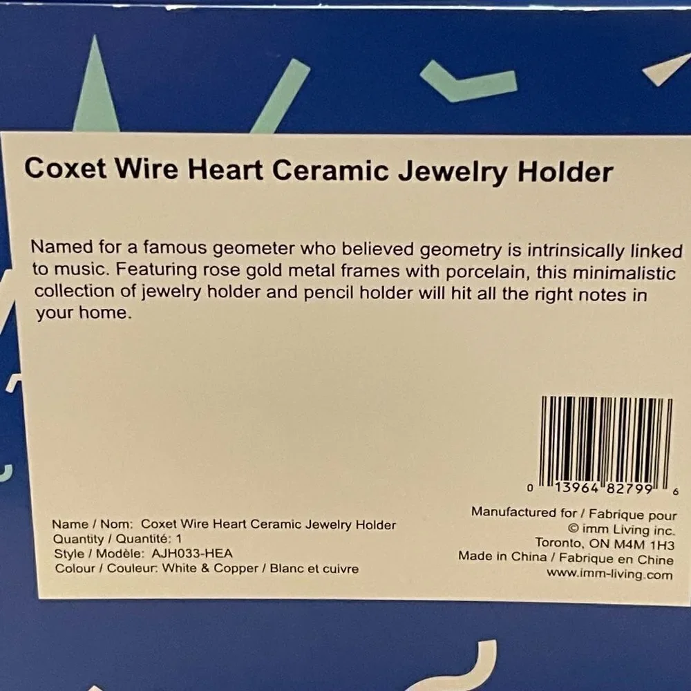 IMM Living BNIB Rose Gold Porcelain Coxet Wire Heart Ceramic Jewelry Holder